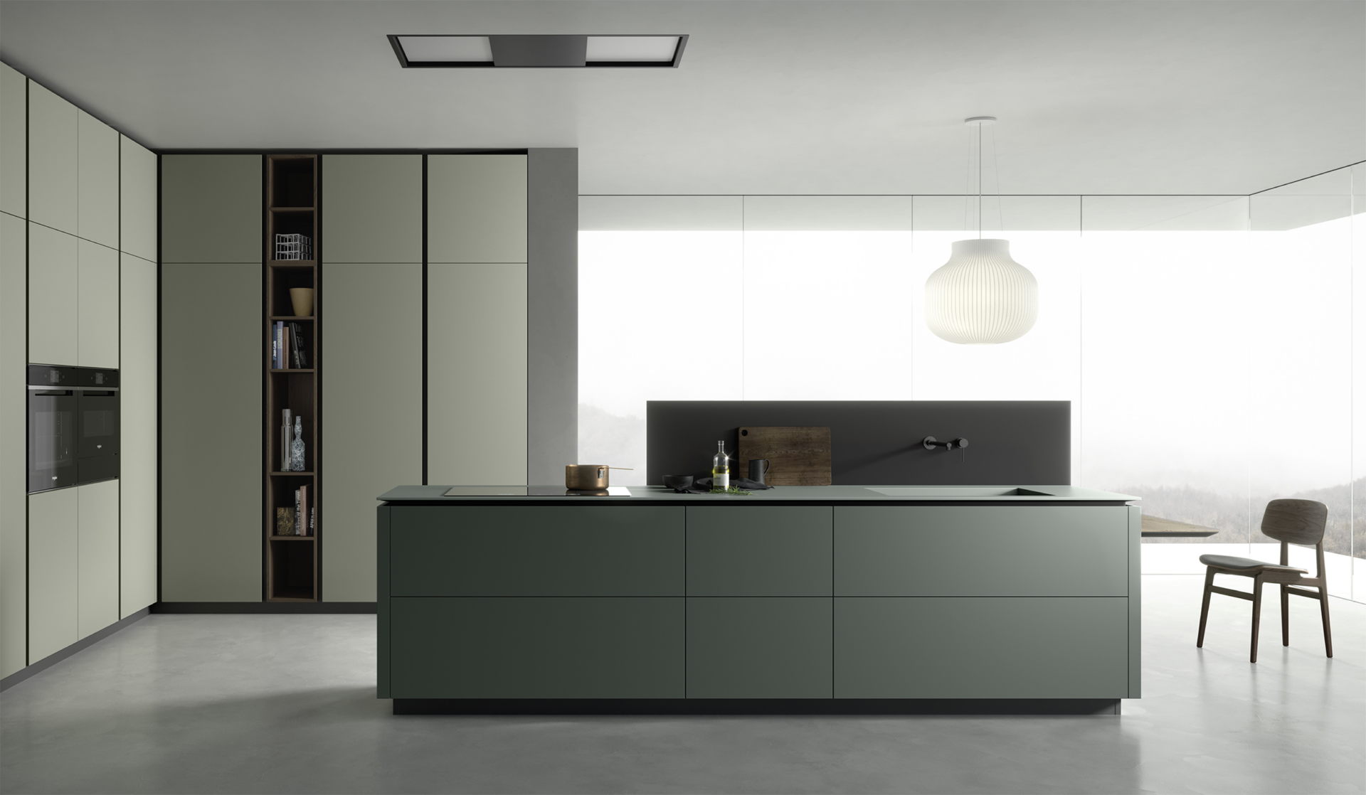 Vista laterale cucina M2 Goccia con effetto sospensione basi e top