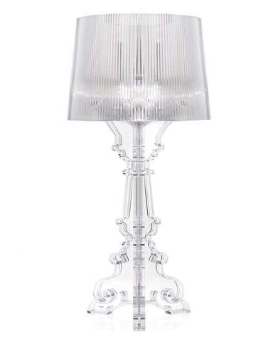 Lampada da tavolo BOURGIE vista frontale con base barocca e cappello plissé