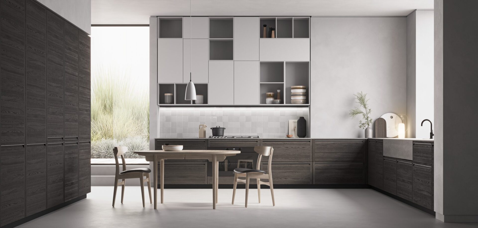 Cucina M2 Memo vista frontale con finitura legno
