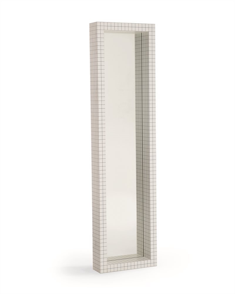 Specchio con cornice in legno laminato bianco e quadretti neri