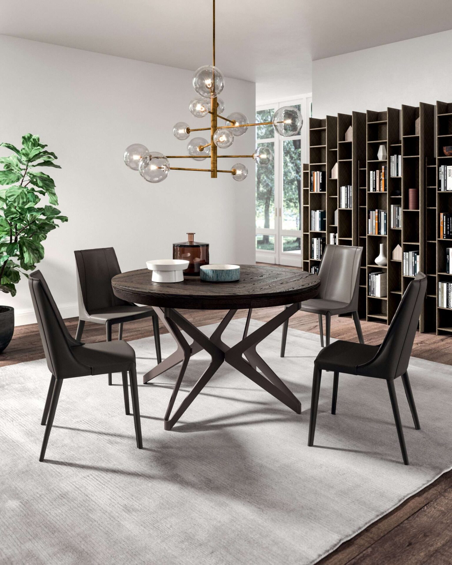 Vista laterale tavolo Big Round con finitura legno