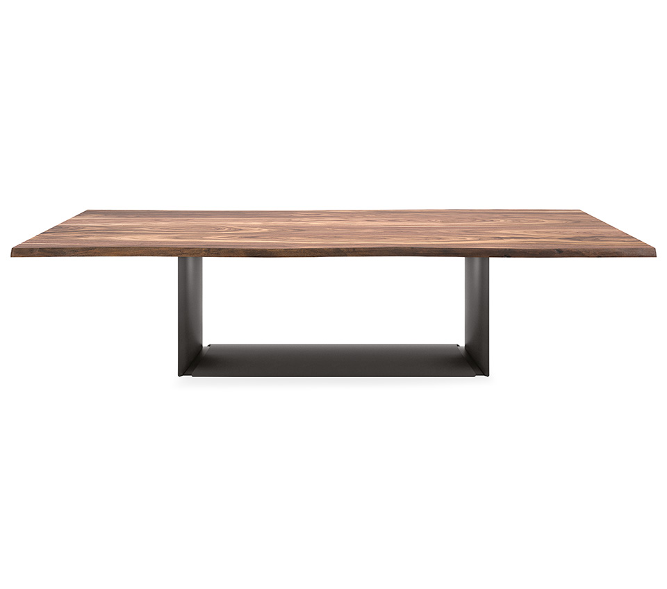 Tavolo Dragon Wood vista frontale con piano in legno e base in acciaio