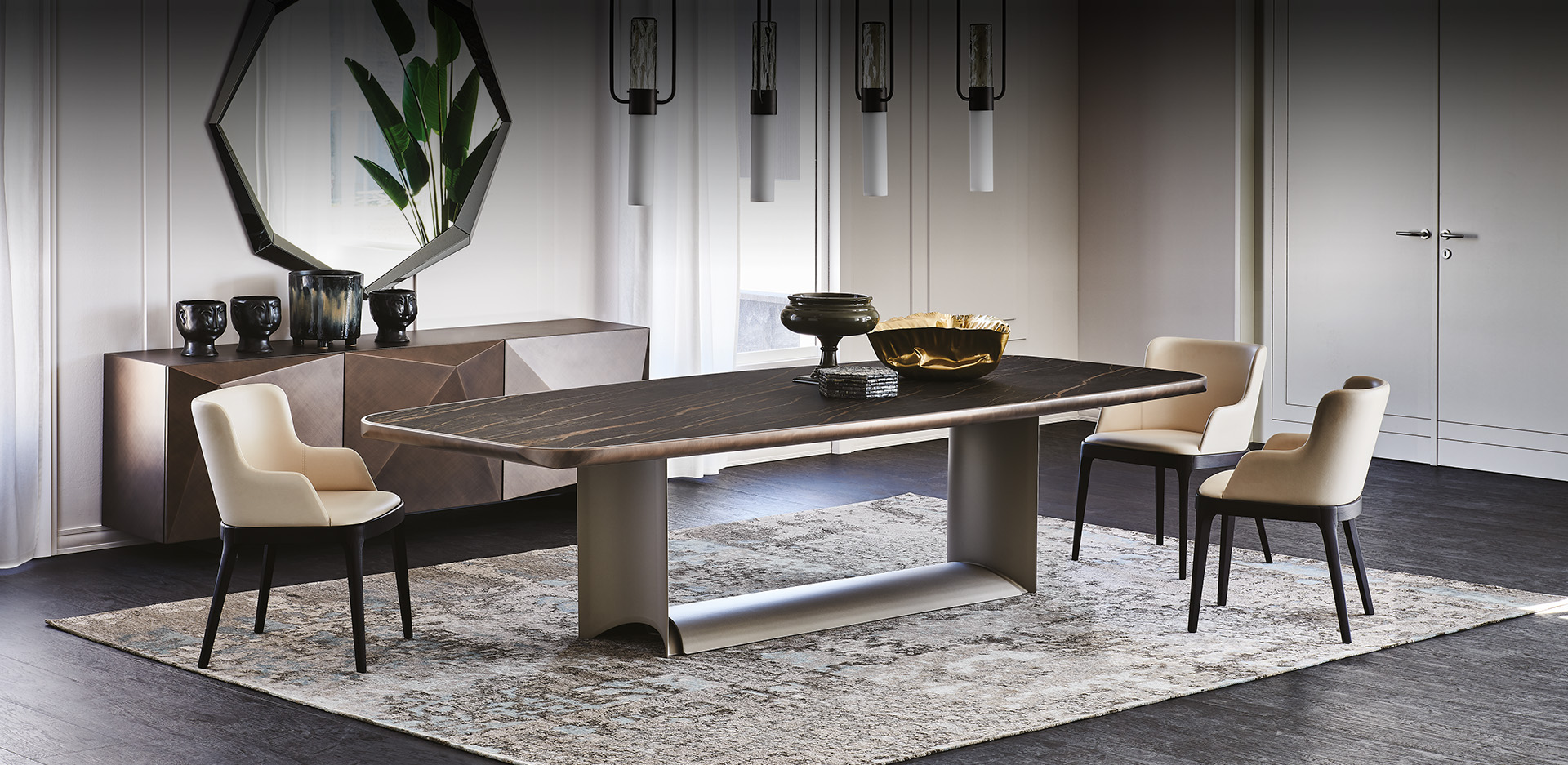 Vista laterale del tavolo Dragon Keramik Premium con finiture ceramica