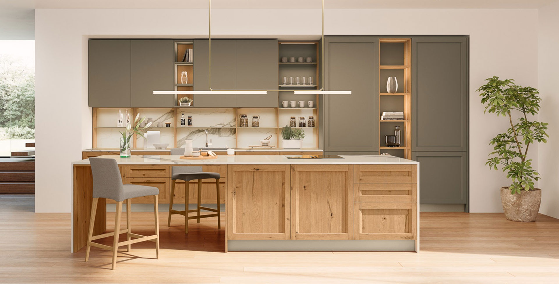 Milano cucina in rovere nodoso chiaro con dettagli marrone brera