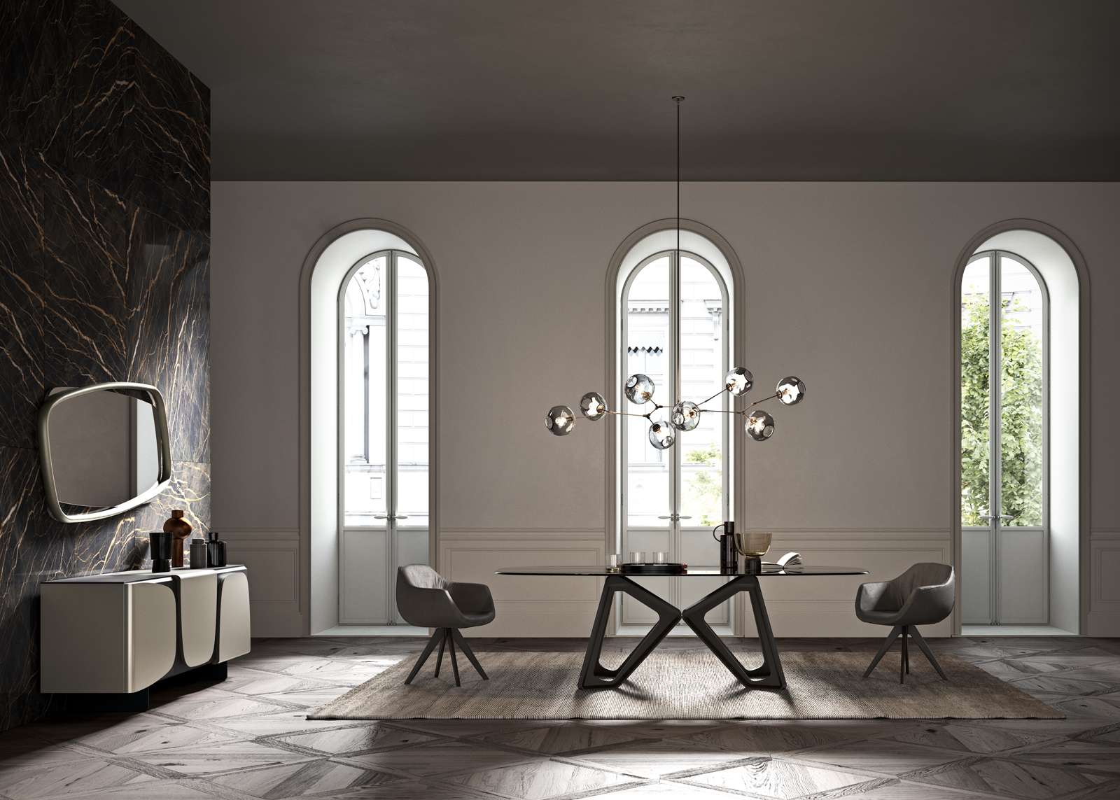 Tavolo Papillon con piano ovale in ceramica in sala da pranzo