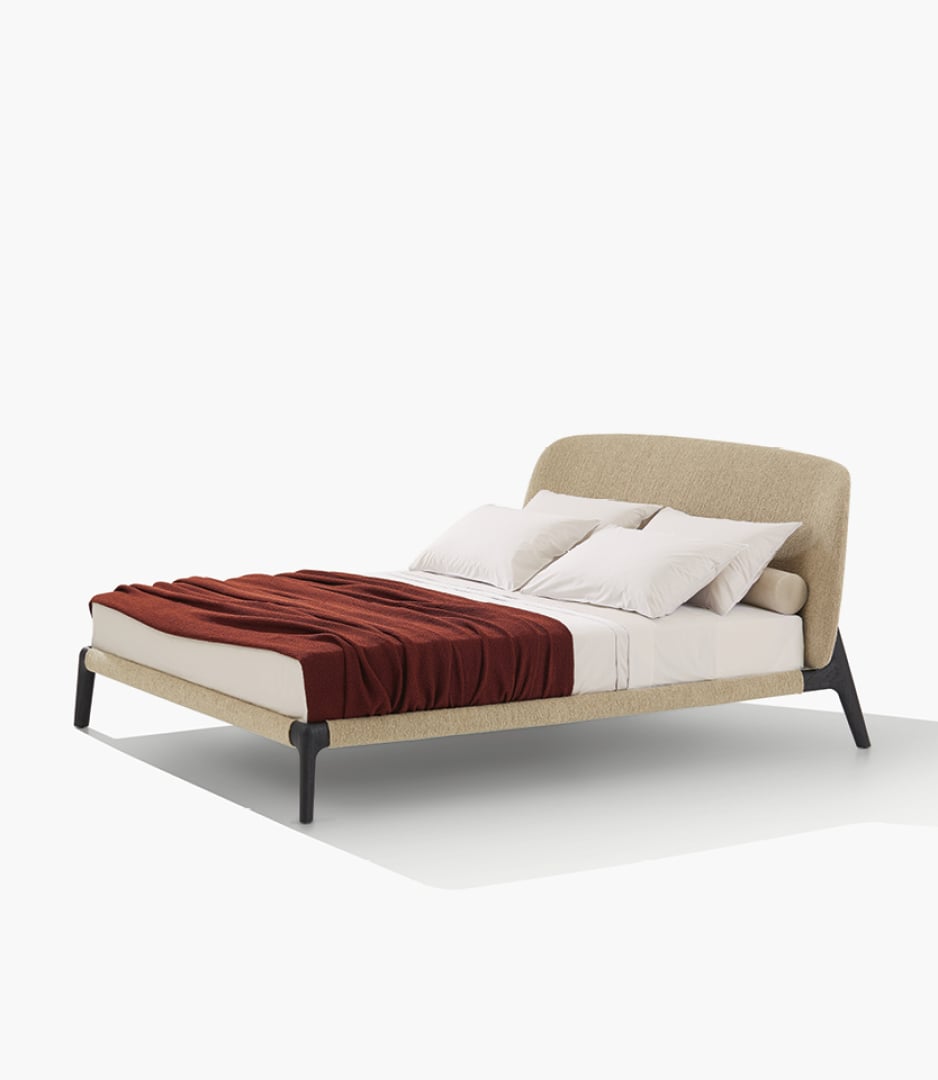 Particolare base letto in olmo nero con rivestimento sfoderabile