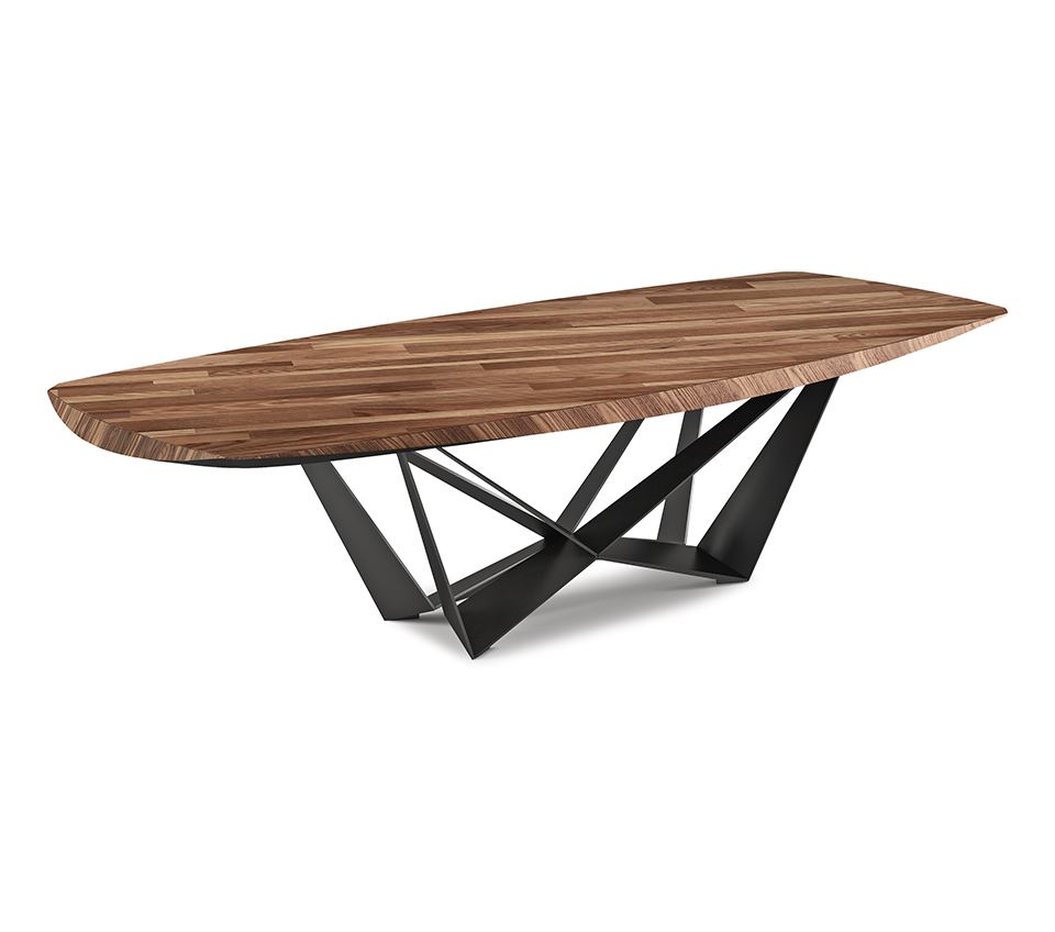 Tavolo Skorpio Wood vista frontale con piano in legno massello e base in acciaio