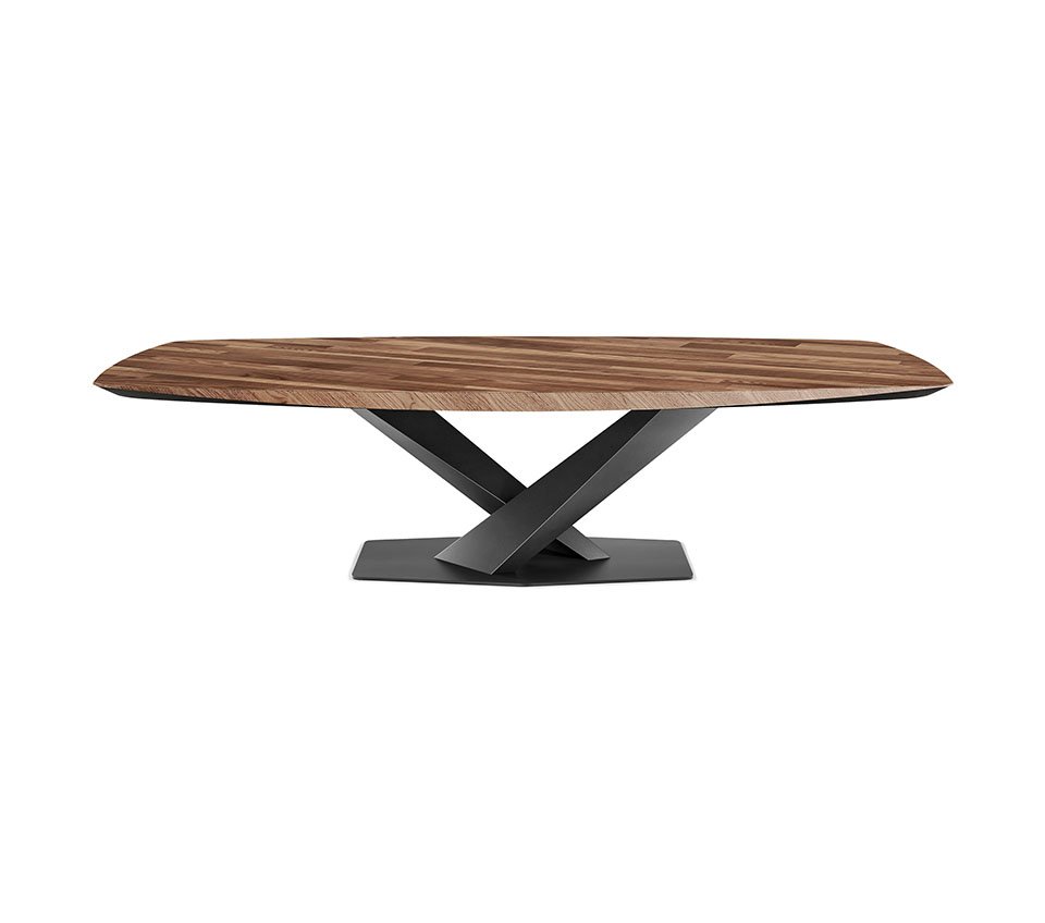 Tavolo Stratos Wood con base in acciaio e piano in legno noce Canaletto